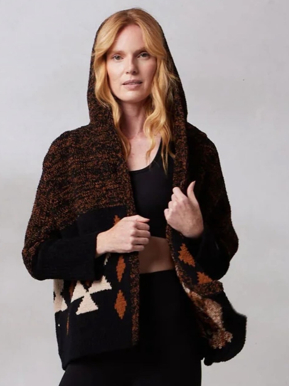 Kashwere Batwing Cropped Aztec Hooded Jacket NWT Black/Chestnut/Wheat O/S - Picture 2 of 8